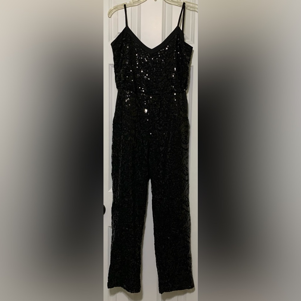 CLOSET 8 Black Full Sequin Thin Strap Jumpsuit Pockets